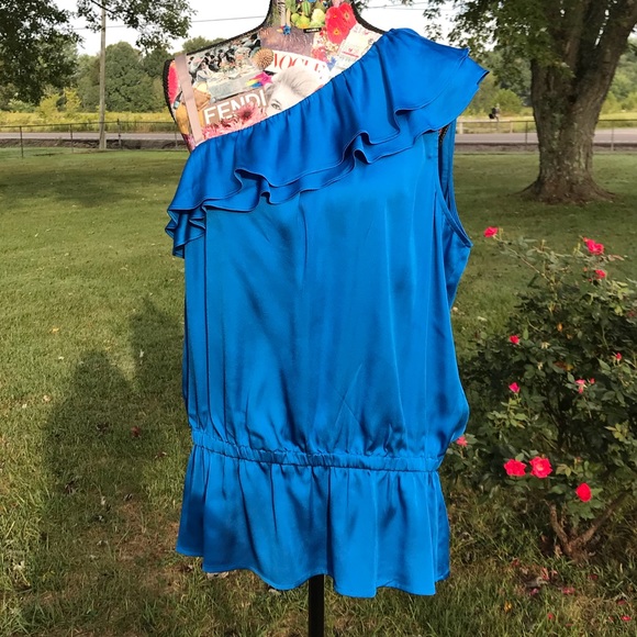 Eloquii Tops - One Shoulder Elastic Waist Silky Blue Ruffle Top